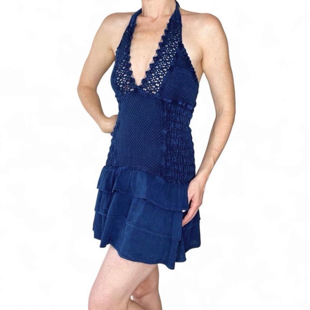 Cotton Natural Retro Y2K Blue Crochet Bohemian Mini Halter Dress